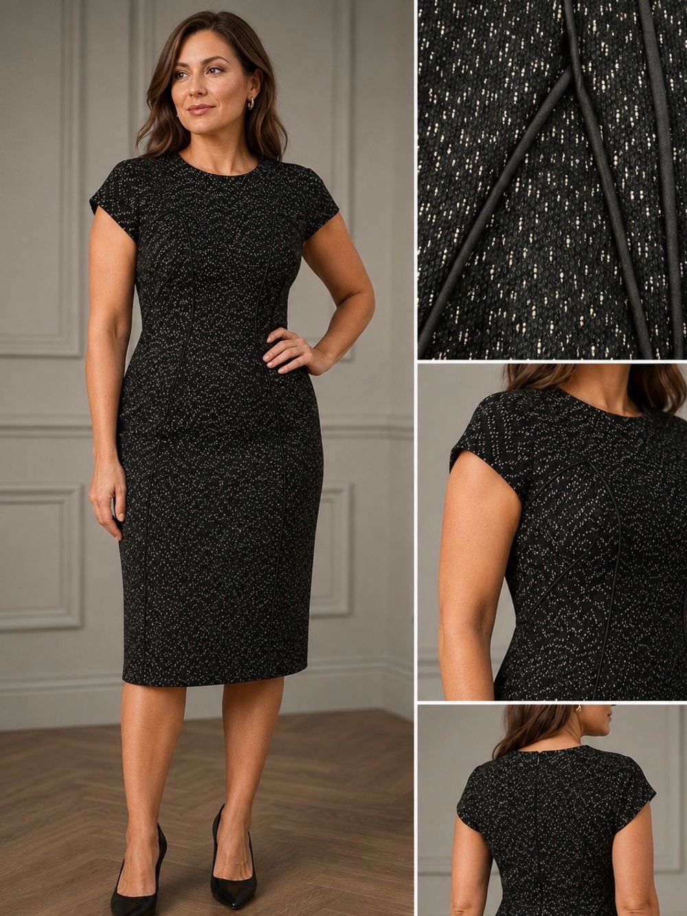 BOSS by Hugo Boss Darling Black Flecked Textured Wool Blend Sheath Dress size 12